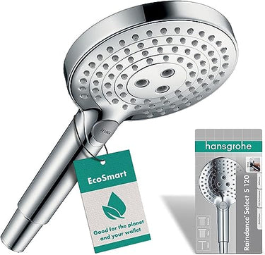 hansgrohe Raindance Select - wassersparender Duschkopf 9 l/min (EcoSmart), Handbrause mit 3 Strahlarten, runde Duschbrause (120 mm), Sparduschkopf mit Antikalk-Funktion, Chrom, 26531000 im Sale